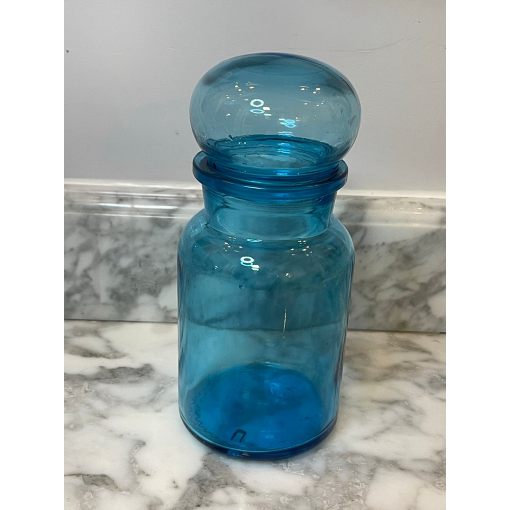 Vintage Teal Aqua Blue Belgian Glass Apothecary Jar 8.5” Made in Belgium